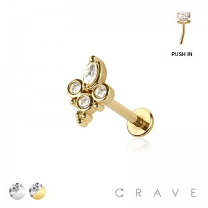 MULTI CZ MARQUISE CLUSTER WITH THREE ROUND CZ THREADLESS (PUSH IN) 316L SURGICAL STEEL LABRET SET